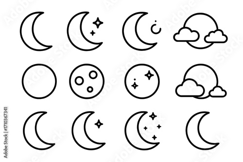 Moon and crescent icon set for UI design, placards, books, and apps with editable stroke, vector cartoon illustrations, web and mobile app design elements, celestial symbols