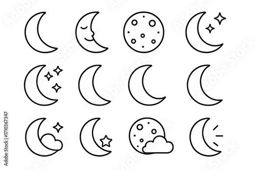 Vector thin line moon crescent icons collection, editable stroke, minimalist celestial symbols, lunar phases, stars, clouds, night sky design for websites, apps, books, cards
