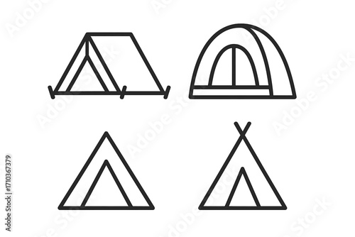 Minimalistic Tent Outline Icons Set, Camping and Outdoor Adventure Vector Cartoon Illustrations for Design, Apps, Cards, Social Networks, Transparent Background