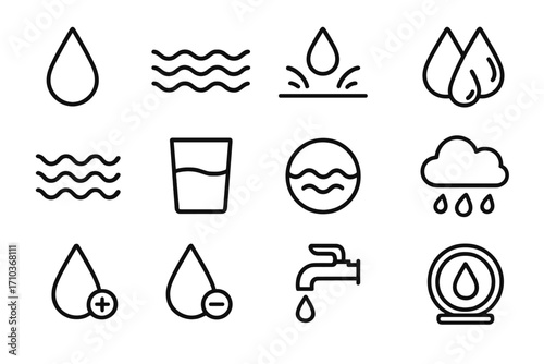 Water icons collection set. Editable thin line stroke vector symbols. Water drop, waves, splash, glass, rain cloud, faucet, plus and minus water drops. Suitable for web, apps, cards, books design.