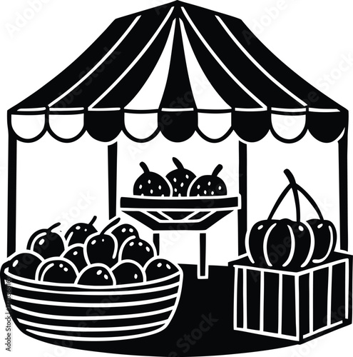 Colorful vector illustration of a circus tent with a carousel and flags flying under a clear sky, ready for a fun show