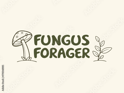 Fungus Forager Illustration with Mushroom and Plant Simple Line Art Design on Beige Background