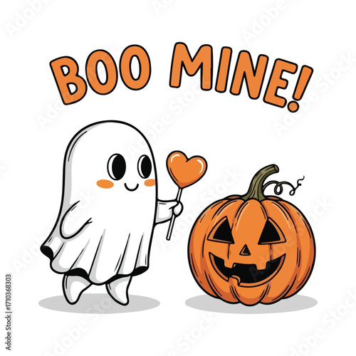 Cartoon ghost holding heart candy next to carved gourd with boo mine text halloween tshirt design