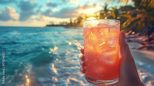 Tropical Sunset Cocktail at Beachfront Oasis with Palm Trees and Horizon View During Summer Vacation Day Time With Clear Water and Soft Waves On Coastline. Perfect For Relaxation and Refreshing