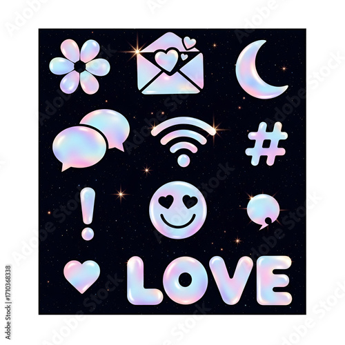 Collection of iridescent social media icons and symbols on a dark starry background