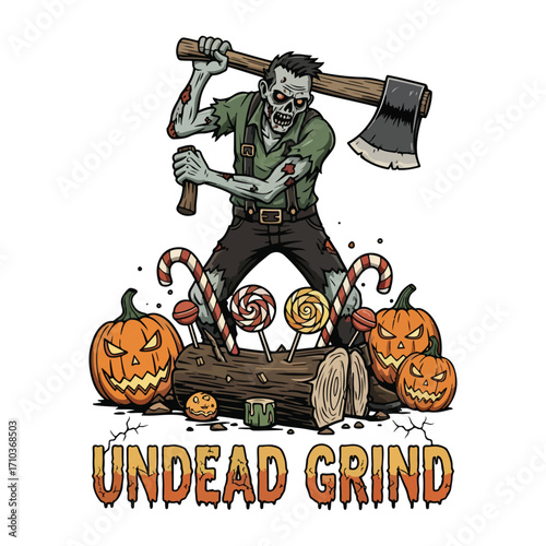 Undead lumberjack wielding an axe standing over pumpkins and candy illustration halloween tshirt design