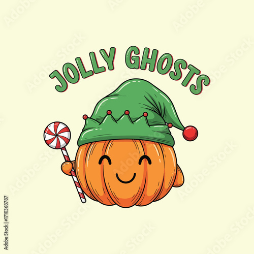 Cartoon pumpkin wearing green hat holding candy with jolly ghosts text above it halloween tshirt design