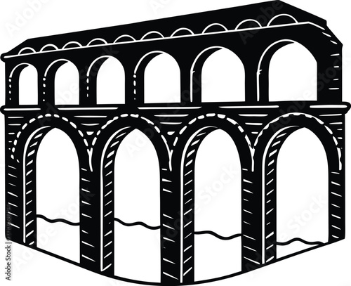 Ancient Roman arches and stone columns of a historic aqueduct in the sky over Italy