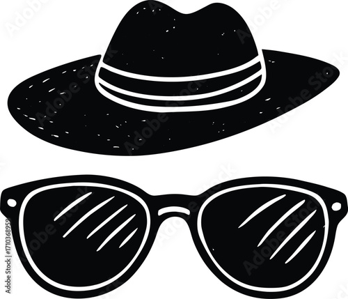 An isolated set of classic vector sunglasses and various retro hats for fashion accessories