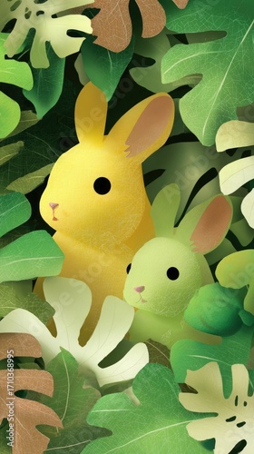 Wallpaper Mural Two Cute Cartoon Rabbits Amongst Lush Green Leaves Torontodigital.ca