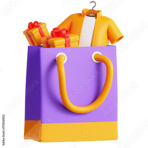 A vibrant 3D illustration of a purple shopping bag overflowing with a stylish jacket, clothes, and presents, symbolizing retail and ecommerce