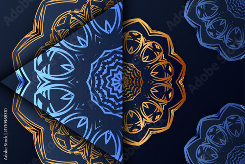 Decorative symmetrical mandala with golden floral motifs and radiant blue star shaped center
