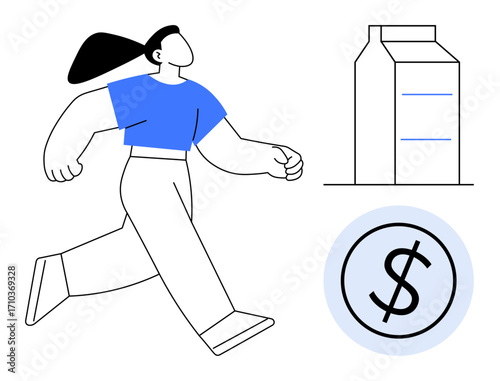 Woman in motion near milk carton and dollar sign, representing shopping, spending, lifestyle, budgeting, nutrition, retail, and financial responsibility. Ideal for simple flat metaphor