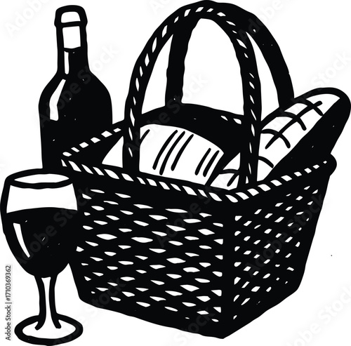 A wicker basket with wine bottles and a handle, isolated on a brown background