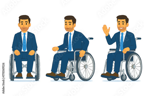 Cheerful cartoon vector of professional man in blue suit using wheelchair, shown in three poses: seated confidently, moving forward, and waving. Ideal for themes of inclusivity and accessibility.