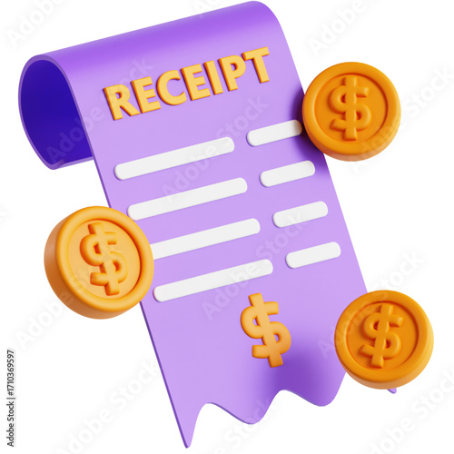 3D Rendering of a Purple Receipt with Dollar Coins, Symbolizing Financial Transactions, Business, and Monetary Exchange