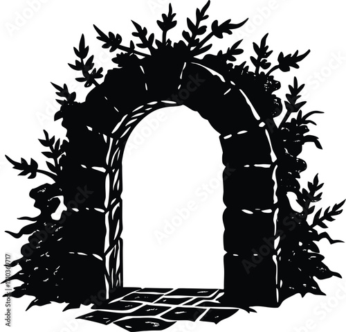 Ancient European castle ruins with a roman archway in a stone wall overlooking the landscape
