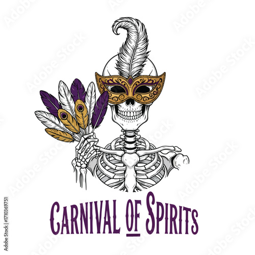 Skeleton with mask and feathers for celebration event on white background halloween tshirt design