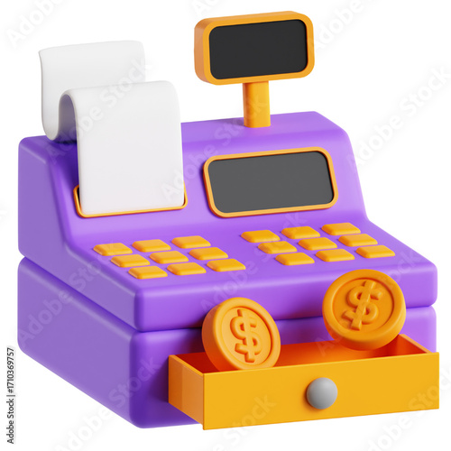 Realistic 3D Render of Cash Register Machine Illustration with Coins for Financial Transaction and Retail Point-of-Sale Concepts