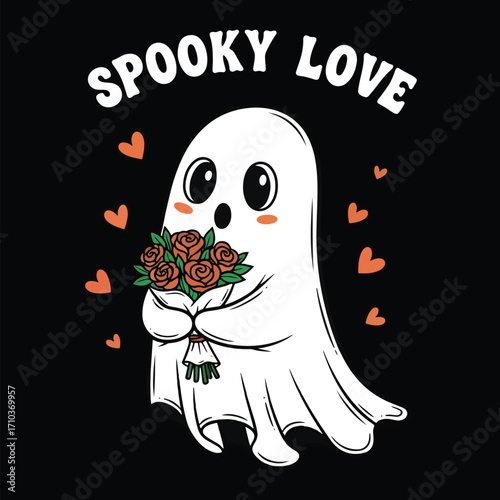 A friendly ghost holding a bouquet of roses surrounded by small floating hearts halloween tshirt design