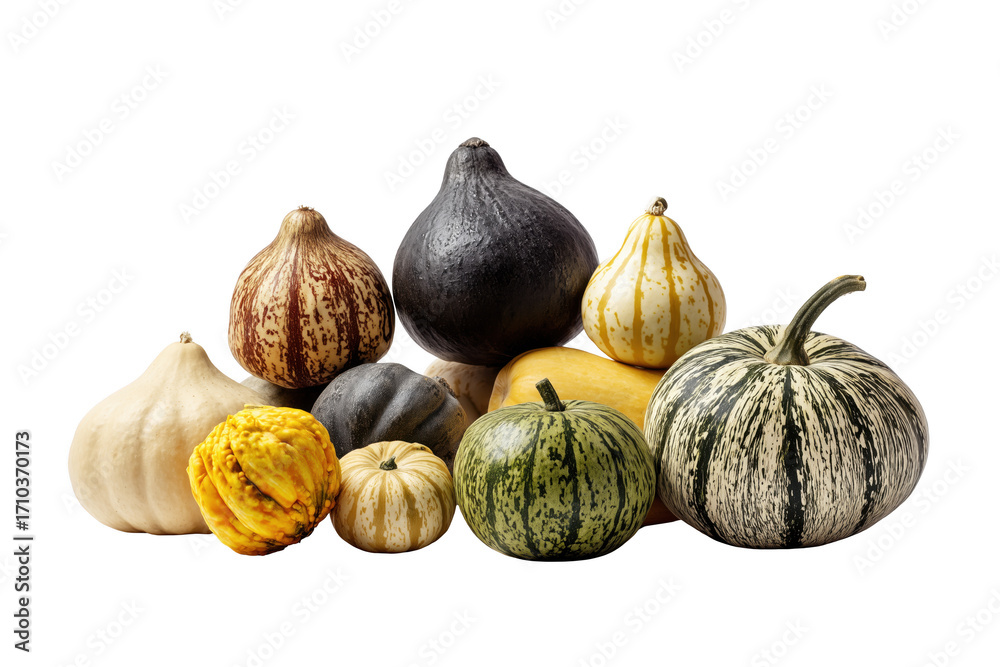 Obraz premium Assortment of Gourds and Pumpkins in Various Shapes and Colors isolated on a transparent background squash