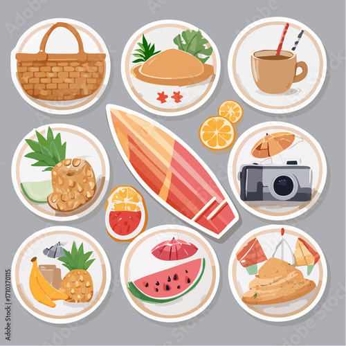 Summer themed sticker set featuring a picnic basket, surfboard, camera, fruit, and other vacation related items.