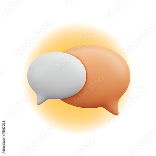 Two speech bubbles, one white and one orange, overlapping with a soft yellow glow