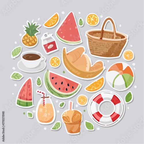 Colorful summer picnic items arranged in a circular design, featuring fruits, drinks, pastries, and beach accessories.