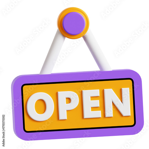 3D Open Sign with Purple and Yellow Colors A Vibrant Announcement for Business Reopening and Welcoming Customers
