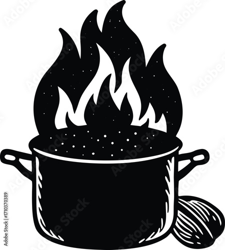 A vector illustration of a steaming hot coffee mug with a cooking pot design