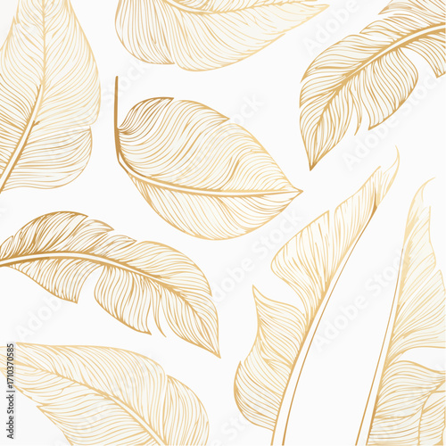 Elegant gold leaf illustrations scattered on a white background, showcasing intricate linework and tropical plant motifs.
