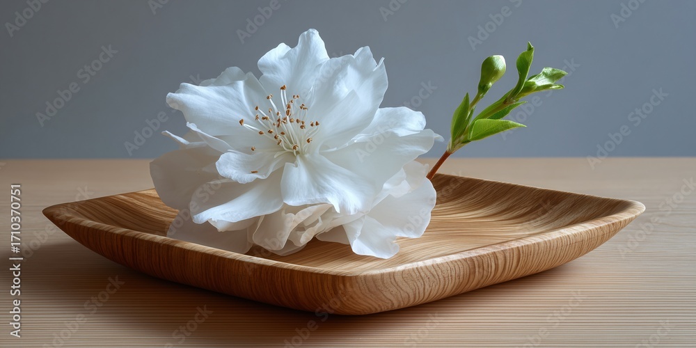 Fototapeta premium white flower on a clean, wooden plate
