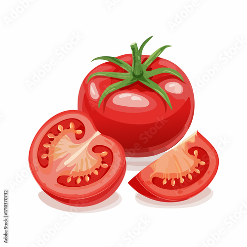 Illustration of a whole tomato, a half tomato, and a tomato wedge on a white background.