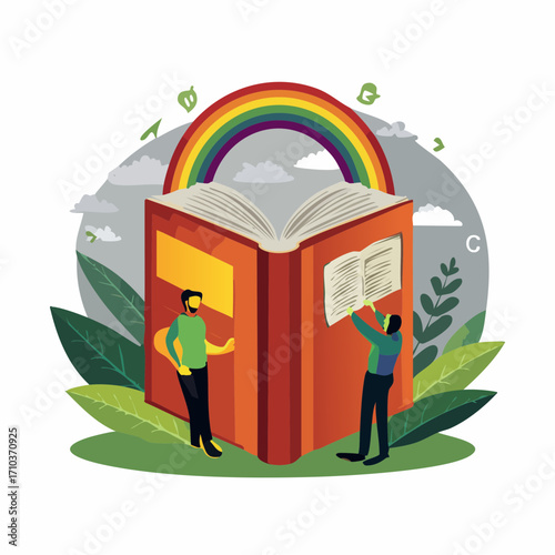 Two people examining a large open book with a rainbow arching above.