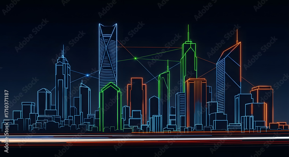 Fototapeta premium Connected Cityscape Digital Network Overlay on Skyscrapers and Urban Architecture