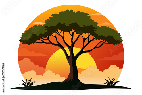 vector illustration of a tree in sunset