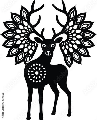 A vector illustration depicts the majestic silhouette of a wild deer with prominent antlers