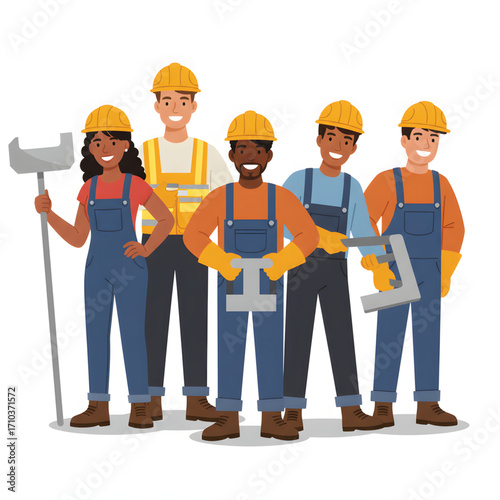 A diverse group of smiling construction workers, men and women, wearing hard hats and holding tools.