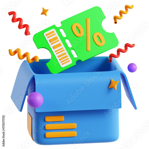 Exciting 3D Render of a Gift Box Bursting with a Discount Coupon Get Ready to Save! A Colorful and Dynamic Composition Representing Savings and Promotions