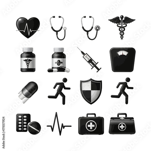 Collection of black and white medical and healthcare icons