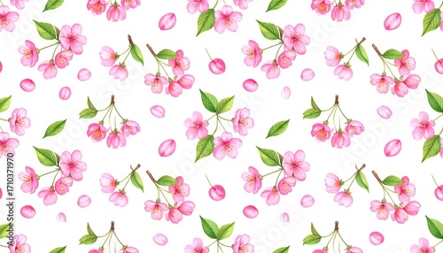 Wallpaper Mural Delicate, repeating pattern of vibrant pink cherry blossoms on a white background, showcasing detailed blooms, leaves, and petals. Torontodigital.ca