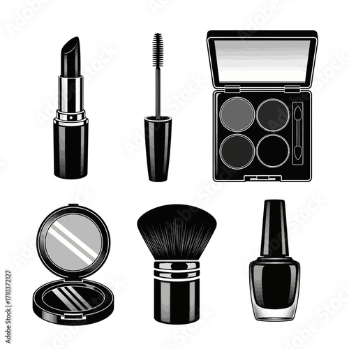 Collection of black and white makeup items on white background