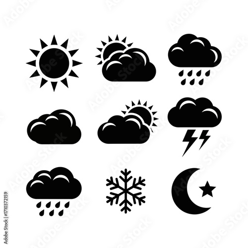 Collection of weather forecast icons in black and white