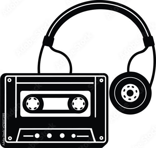 White vintage analogue audio cassette tape isolated on a black background, a retro music recording equipment from the 80s