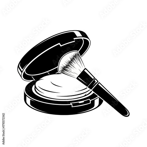 Black and white illustration of a makeup powder compact with brush