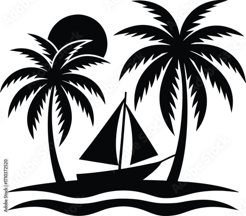 A vibrant tropical summer sunset over the ocean with a stunning palm tree silhouette