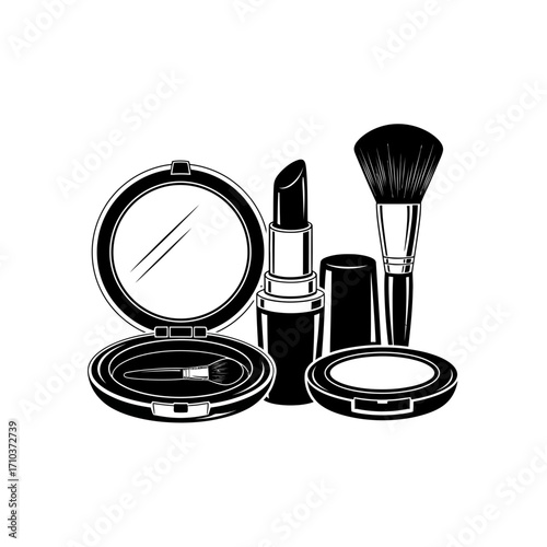 Black and white illustration of makeup products