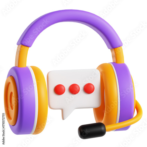 Customer Support and Communication A 3D Illustration of Headphones, Speech Bubble, and Microphone Representing Online Assistance
