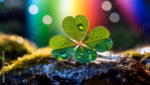 Indulge In The Enchantment Of St Patrickrs Day With This Four Leaf Clover On A Mossy Stone Where Refracted Rainbow Hues From Water Droplets Lend A Dreamy Magical Aura