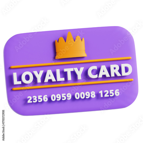 A vibrant 3D rendered purple loyalty card with a golden crown, symbolizing a VIP customer rewards program for exclusive benefits, discounts, and points
